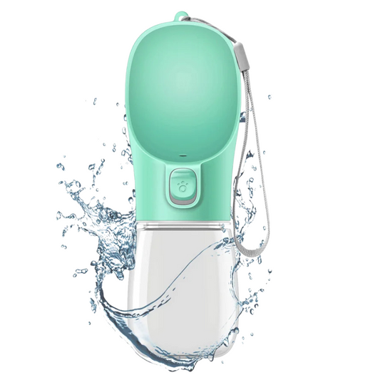 Pet Water Bottle with built-in drinking bowl, portable, leak-proof and travel-friendly design for dogs and cats.