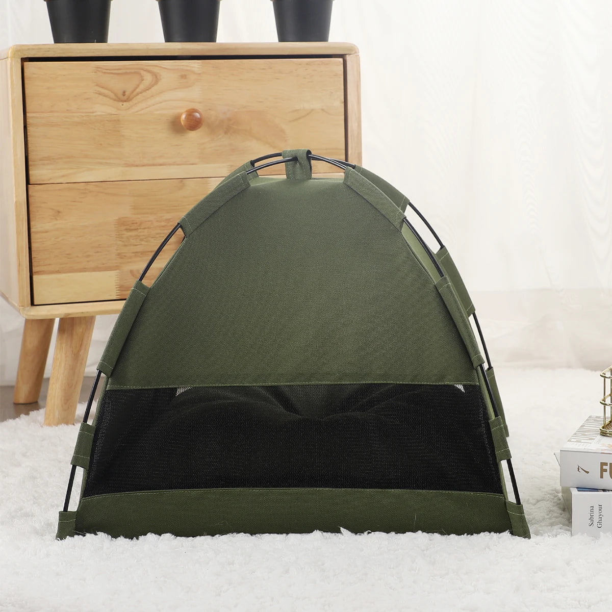 Pet camping tent a cozy, portable shelter for outdoor-loving pets on indoor adventures or nature-inspired getaways.