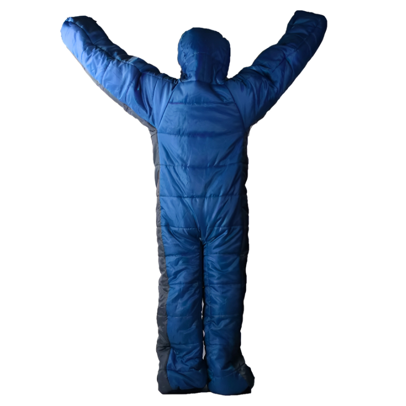 A full-body blue wearable sleeping bag suit with hood and arms, designed for walking and camping in cold weather.