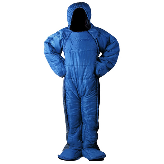 A full-body blue wearable sleeping bag suit with hood and arms, designed for walking and camping in cold weather.