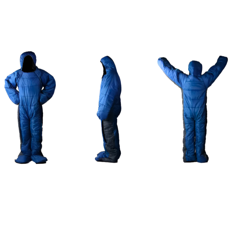 A full-body blue wearable sleeping bag suit with hood and arms, designed for walking and camping in cold weather.