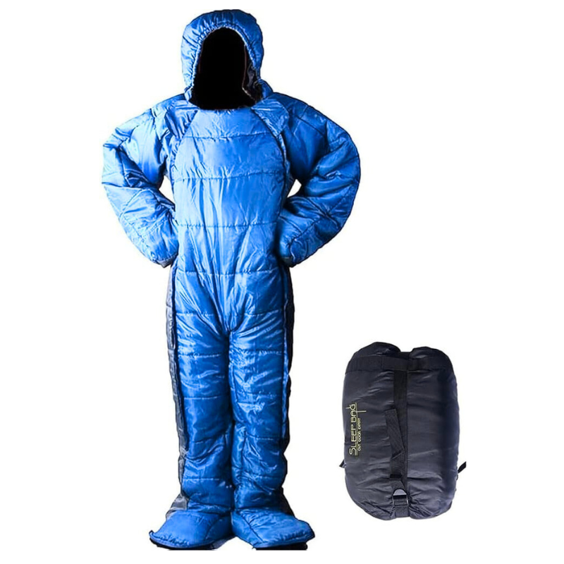 A full-body blue wearable sleeping bag suit with hood and arms, designed for walking and camping in cold weather.