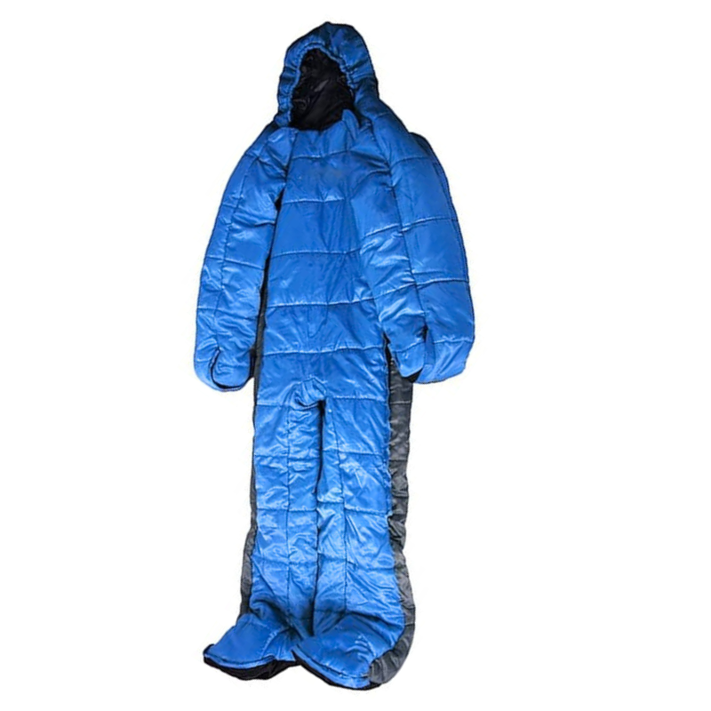 A full-body blue wearable sleeping bag suit with hood and arms, designed for walking and camping in cold weather.