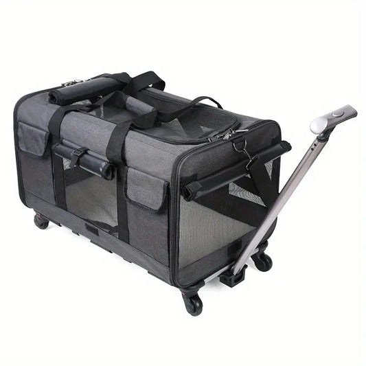 Gray pet carrier with wheels and a handle on a white background