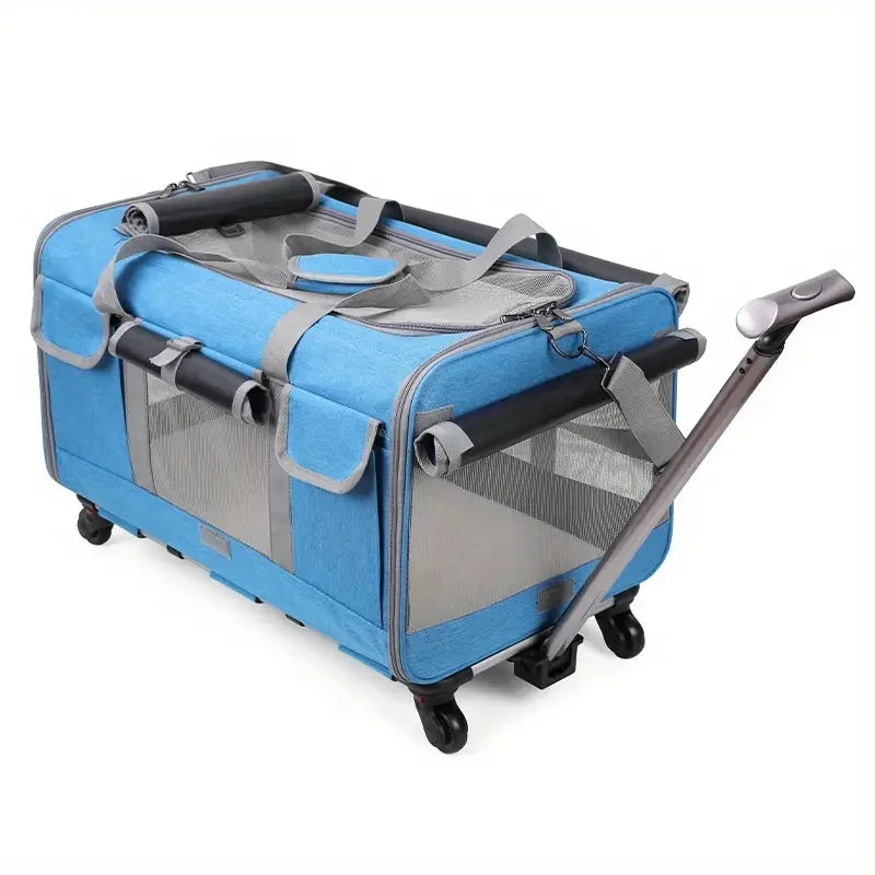 Blue pet carrier with wheels and a handle on a white background