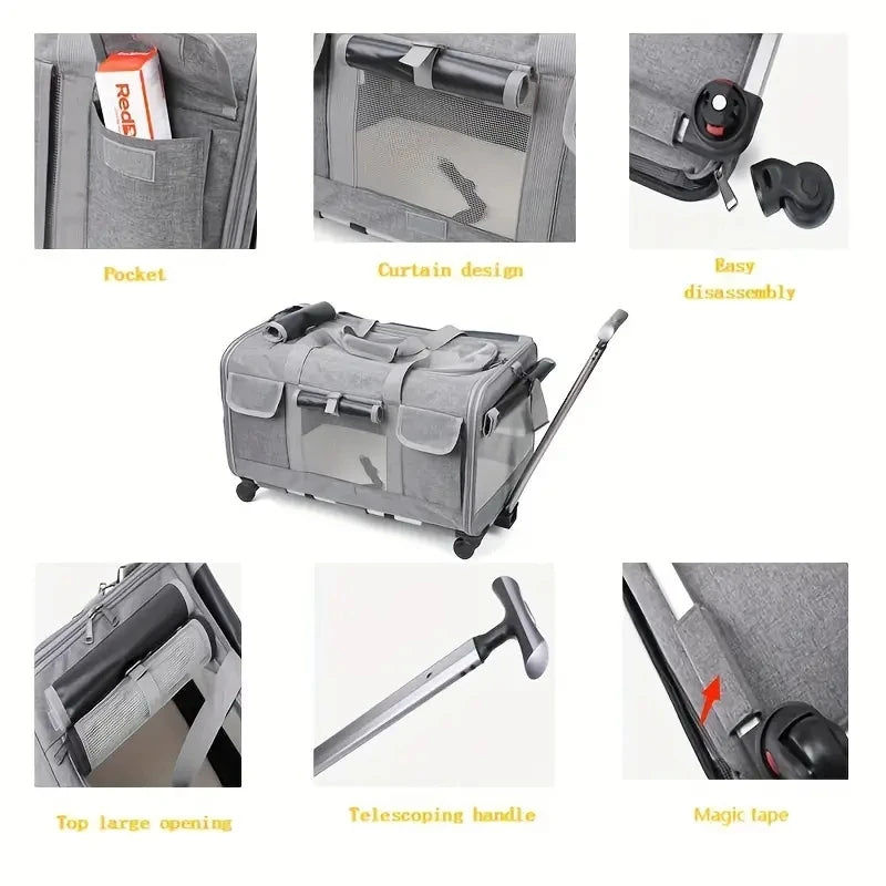 Gray suitcase with various features highlighted on a white background