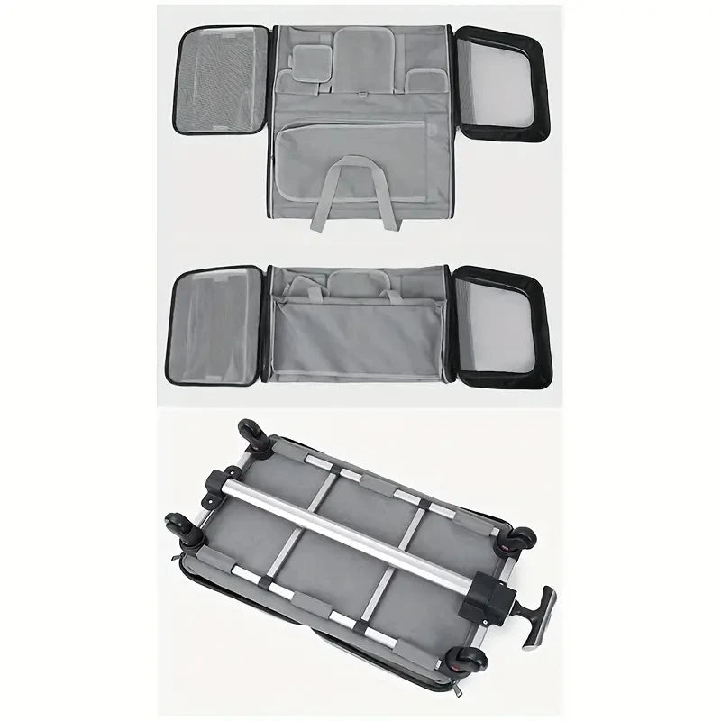 Collapsible suitcase pet carrier with multiple compartments on a white background