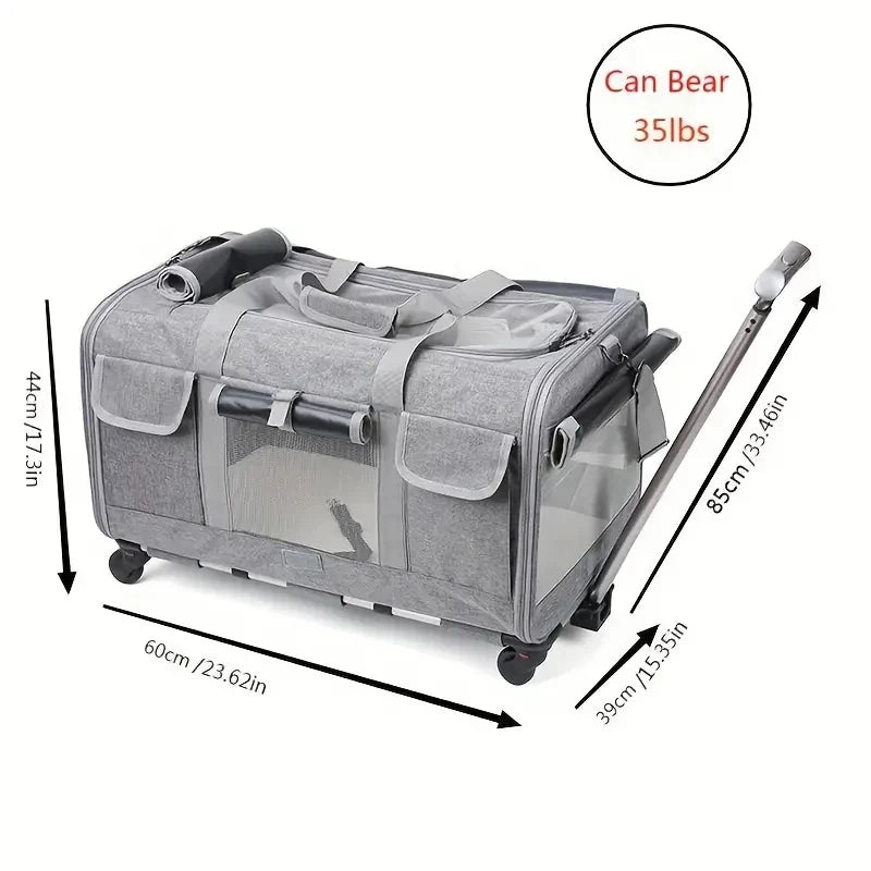 Gray pet carrier with dimensions and weight capacity on a white background