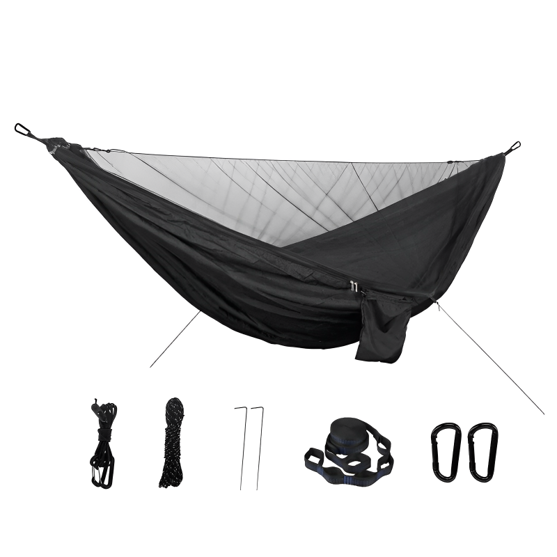 Two-person portable hammock with mosquito net, made from durable 210T nylon. Features strong nylon straps, adjustable loops, and a breathable bug-proof net for ultimate comfort and protection.