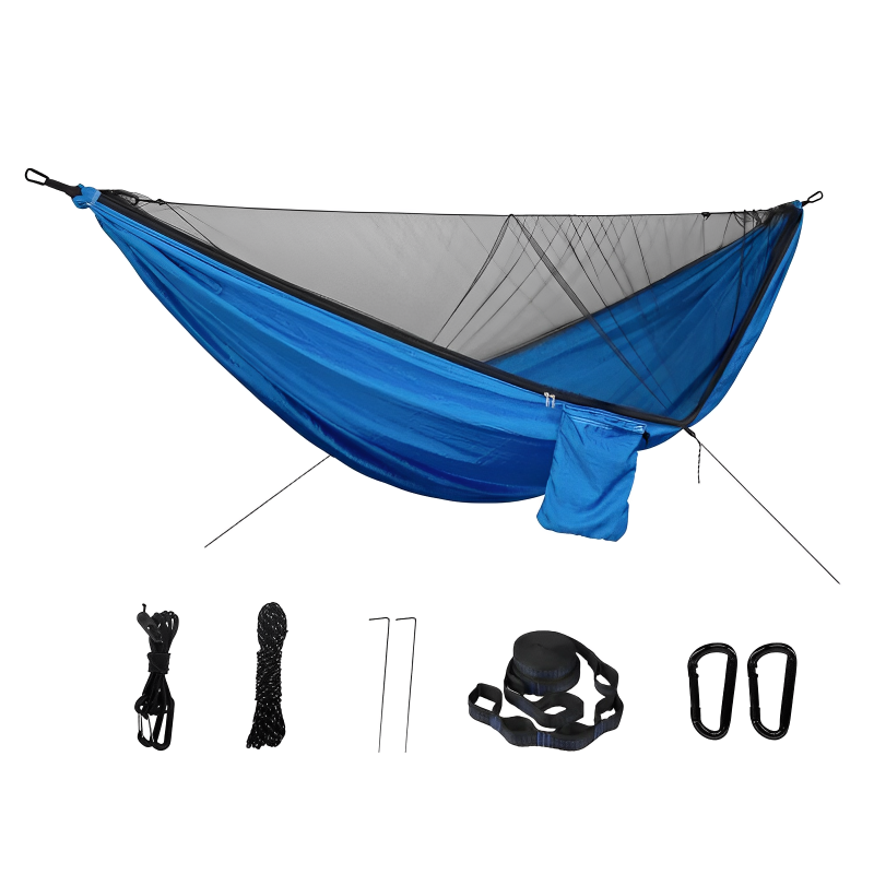 Two-person portable hammock with mosquito net, made from durable 210T nylon. Features strong nylon straps, adjustable loops, and a breathable bug-proof net for ultimate comfort and protection.