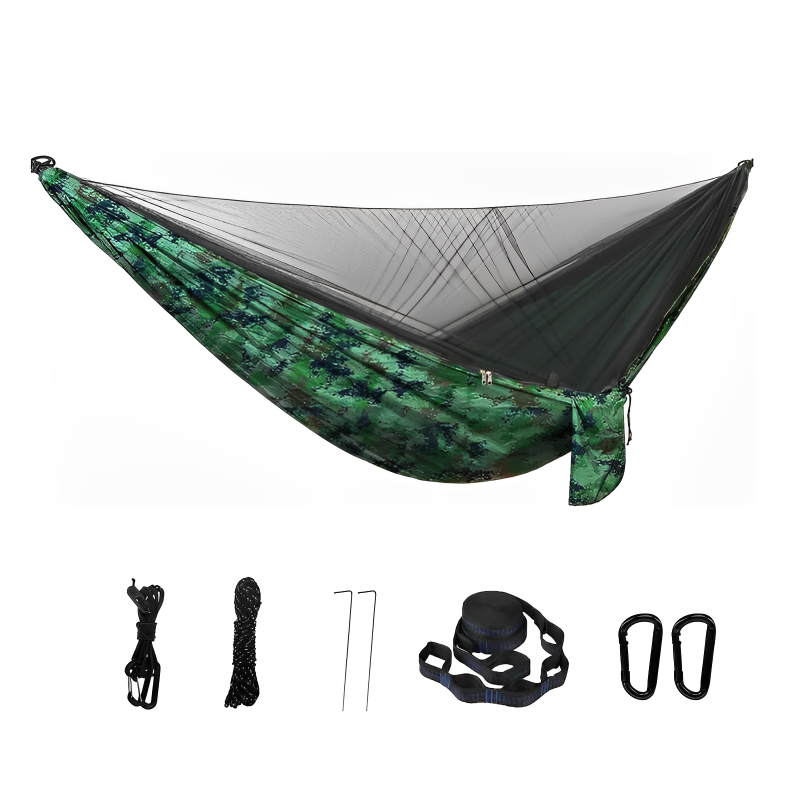 Two-person portable hammock with mosquito net, made from durable 210T nylon. Features strong nylon straps, adjustable loops, and a breathable bug-proof net for ultimate comfort and protection.