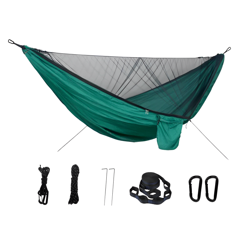 Two-person portable hammock with mosquito net, made from durable 210T nylon. Features strong nylon straps, adjustable loops, and a breathable bug-proof net for ultimate comfort and protection.