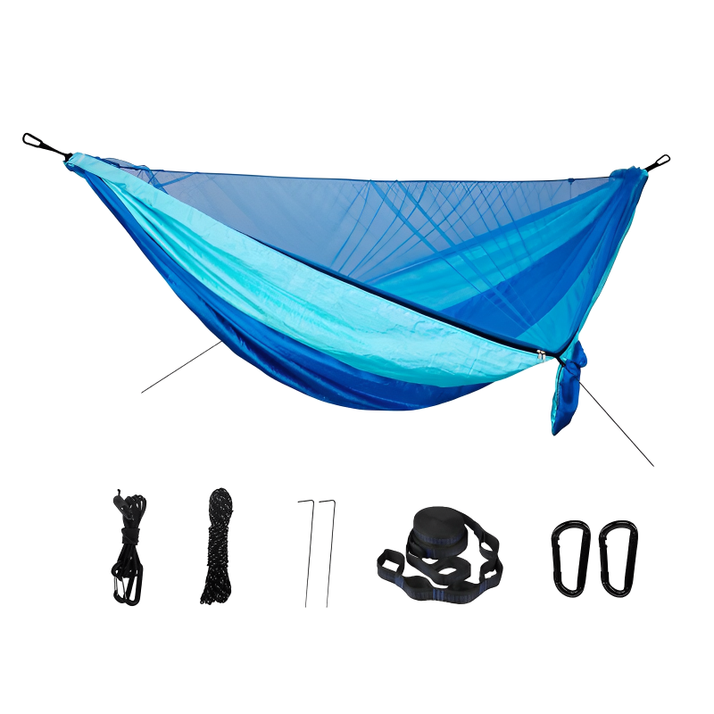Two-person portable hammock with mosquito net, made from durable 210T nylon. Features strong nylon straps, adjustable loops, and a breathable bug-proof net for ultimate comfort and protection.