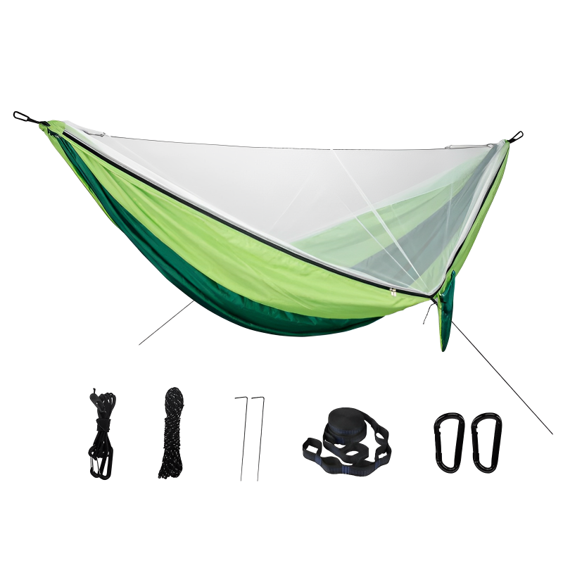 Two-person portable hammock with mosquito net, made from durable 210T nylon. Features strong nylon straps, adjustable loops, and a breathable bug-proof net for ultimate comfort and protection.