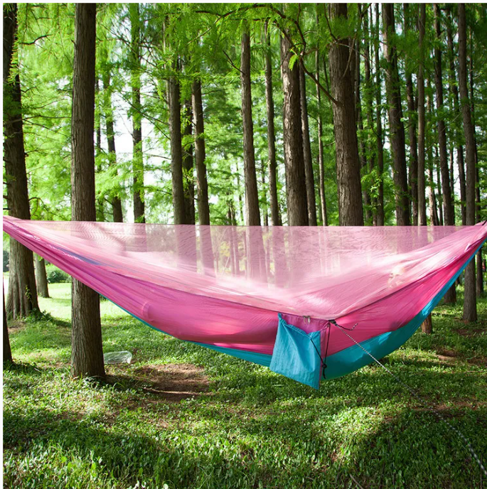 Two-person portable hammock with mosquito net, made from durable 210T nylon. Features strong nylon straps, adjustable loops, and a breathable bug-proof net for ultimate comfort and protection.