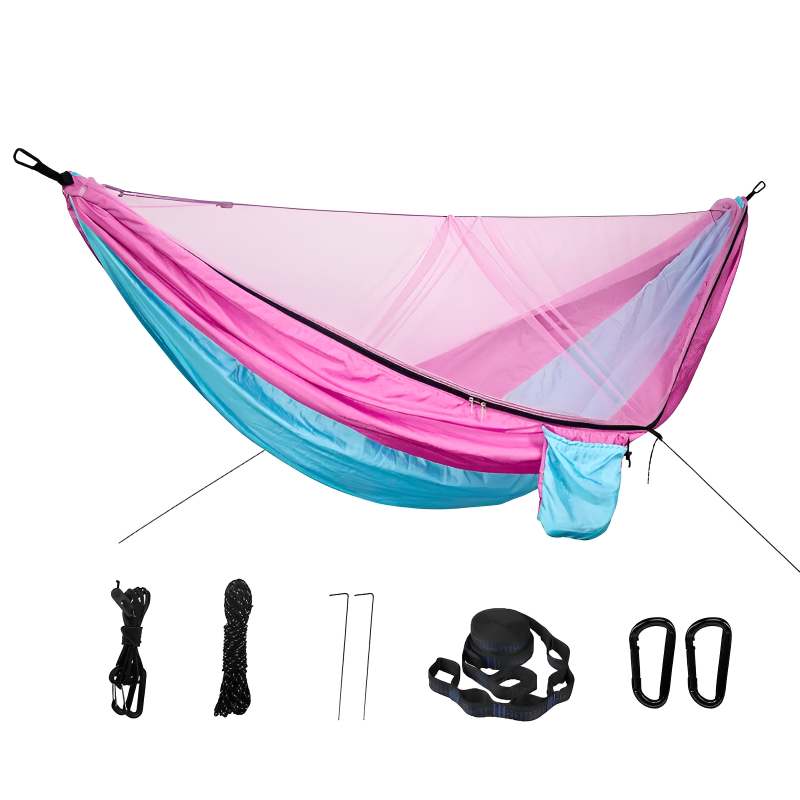 Two-person portable hammock with mosquito net, made from durable 210T nylon. Features strong nylon straps, adjustable loops, and a breathable bug-proof net for ultimate comfort and protection.